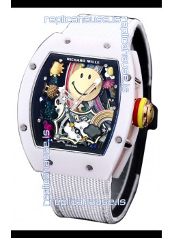 Richard Mille RM088 Smiley Tourbillon White Ceramic Casing Nylon Strap Replica Watch 