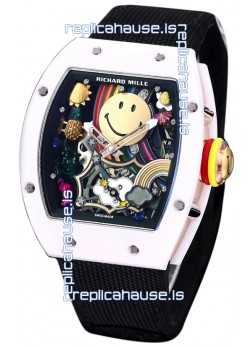 Richard Mille RM088 Smiley Tourbillon White Ceramic Casing Black Nylon Strap Replica Watch 