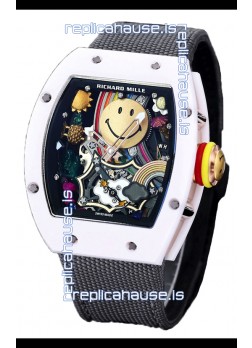Richard Mille RM088 Smiley Tourbillon White Ceramic Casing Grey Nylon Strap Replica Watch 