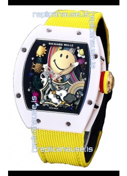 Richard Mille RM088 Smiley Tourbillon White Ceramic Casing Yellow Nylon Strap Replica Watch 