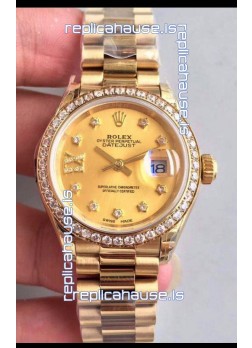 Rolex Datejust Ladies 28MM Cal.3135 Movement Swiss Replica in Gold Dial - 904L Steel Yellow Gold Case