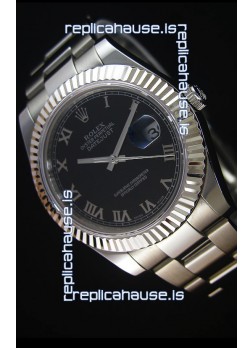 Rolex Datejust Japanese Replica Watch - Black Dial Roman Markers in 41MM with Oyster Strap