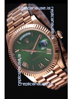 Rolex Day Date Japanese Replica Watch - Rose Gold Casing in Green Dial 40MM