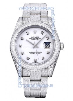 Rolex Datejust 41MM Swiss Replica - Iced Out Edition in White Pearl Dial