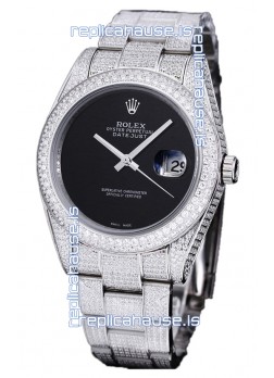 Rolex Datejust 41MM Swiss Replica - Iced Out Edition in Black Dial 