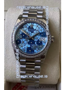 Rolex Datejust Ladies 31MM Cal.3135 Movement Swiss Replica Blue Motif Diamonds Bezel in 904L Steel Casing