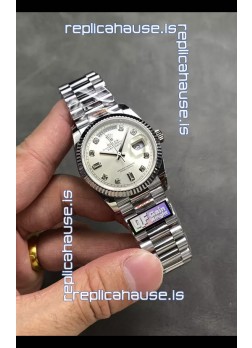 Rolex Day Date Super Clone Stainless Steel Silver Dial Diamonds Numerals Watch 36MM - 1:1 Mirror Quality