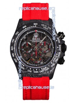 Rolex Daytona DiW Skeleton Carbon Edition Watch - Forged Carbon Casing Red Strap 1:1 Mirror Replica