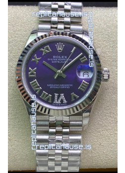 Rolex Datejust 31MM ETA-2671 Movement Swiss Replica in 904L Steel Purple Dial 