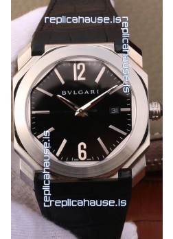 Bvlgari Octo Roma Edition 1:1 Mirror Replica in 904L Steel Casing - Black Dial Leather Strap