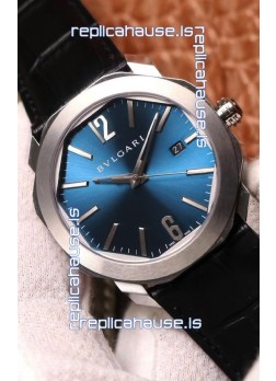 Bvlgari Octo Roma Edition 1:1 Mirror Replica in 904L Steel Casing - Steel Blue Dial Leather Strap