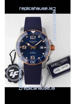 Longines HydroConquest 1:1 Swiss Replica Watch in Blue Dial Rubber Strap Rose Gold Bezel