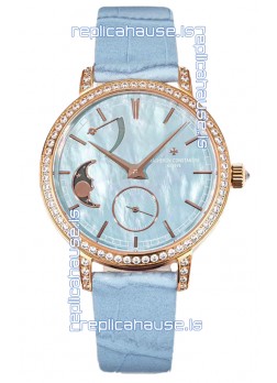 Vacheron Constantin Traditionelle Moon Phase Blue Mother of Pearl Dial in Rose Gold Swiss Replica