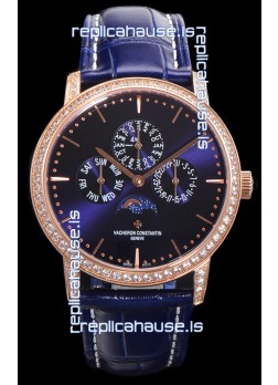 Vacheron Constantin Patrimony Perpetual Calendar Ultra-Thin Rose Gold Blue Dial Swiss Replica
