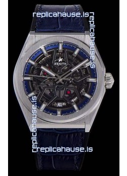 Zenith Defy Classic Skeleton 41 mm Titanium Men's Swiss Replica Watch - Blue Leather Strap