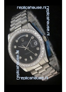 Rolex Day Date Just Japanese Replica Black Watch in Full Diamond Bezel