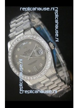 Rolex Day Date Just Japanese Replica Grey Watch in Full Diamond Bezel