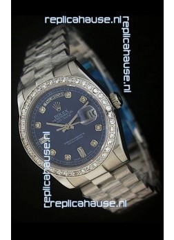 Rolex Day Date Just Japanese Replica Blue Watch in Full Diamond Bezel