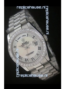 Rolex Day Date Just Japanese Replica Watch in Mop Scream White Dial