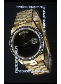 Rolex Day Date Just Japanese Replica Yellow Gold Watch in Black Dial