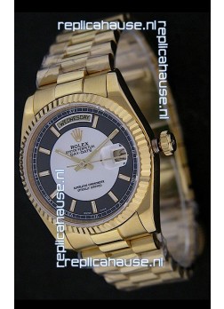 Rolex Day Date Just Japanese Replica Yellow Gold Watch in Black & White Dial