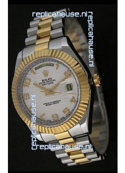 Rolex Day Date Just Japanese Replica Two Tone Gold Watch in White Stripe Pattern Dial