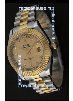 Rolex Day Date Just Japanese Replica Two Tone Gold Watch in Golden Dial