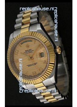 Rolex Day Date Just Japanese Replica Two Tone Gold Watch in Golden Stripe Pattern Dial 
