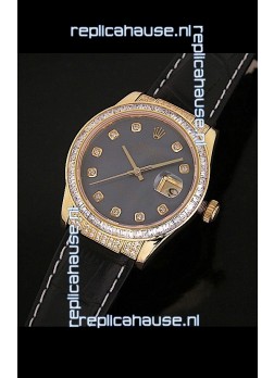 Rolex DateJust Japanese Mens Replica Yellow Gold Watch in Black Mother of Pearl Dial