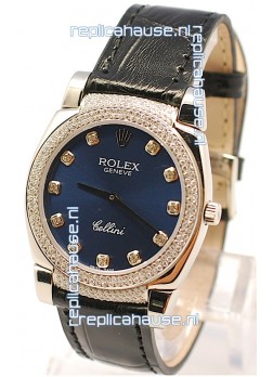 Rolex Cellini Cestello Ladies Swiss Watch in Dark Blue Face Diamonds Bezel and Lugs