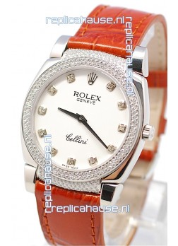 Rolex Cellini Cestello Ladies Swiss Watch White Face Diamonds Hour, Bezel and Lugs