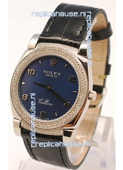 Rolex Cellini Cestello Ladies Swiss Watch in Dark Blue Face Diamonds Bezel and Lugs