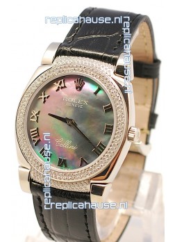 Rolex Cellini Cestello Ladies Swiss Watch in Black Pearl Face Diamonds Bezel and Lugs