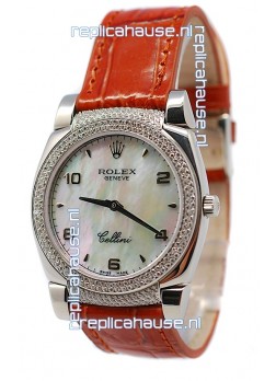 Rolex Cellini Cestello Ladies Swiss Watch Beige Pearl Face Diamonds Bezel and Lugs