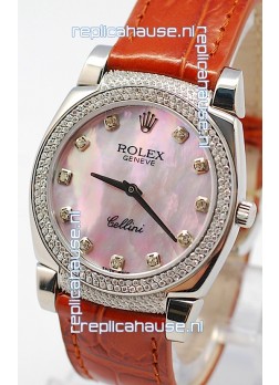 Rolex Cellini Cestello Ladies Swiss Watch in Pink Pearl Face Diamonds Hour, Bezel and Lugs