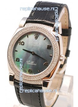Rolex Cellini Cestello Ladies Swiss Watch in Black Pearl Face Diamonds Bezel and Lugs