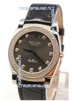 Rolex Cellini Cestello Ladies Swiss Watch in Matte Black Face and Diamond Bezel