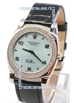 Rolex Cellini Cestello Ladies Swiss Watch in Blue Face Black Leather Strap Diamonds Bezel 