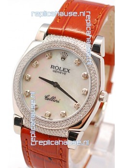 Rolex Cellini Cestello Ladies Swiss Watch in White Pearl Face Diamonds Hour, Bezel and Lugs