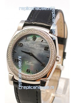 Rolex Cellini Cestello Ladies Swiss Watch in Black Pearl Face Diamonds Bezel 