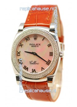 Rolex Cellini Cestello Ladies Swiss Watch Beige Pearl Roman Face Diamonds Bezel
