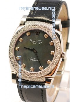 Rolex Cellini Cestello Ladies Swiss Watch in Black Pearl Face Diamonds Markers