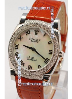 Rolex Cellini Cestello Ladies Swiss Watch in White Pearl Face Diamonds Bezel and Lugs