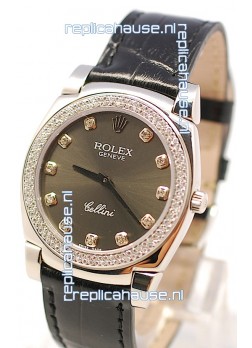 Rolex Cellini Cestello Ladies Swiss Watch in Matte Black Face and Diamond Markers