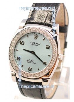Rolex Cellini Cestello Ladies Swiss Watch in Blue Face Black Leather Strap Diamonds Bezel 