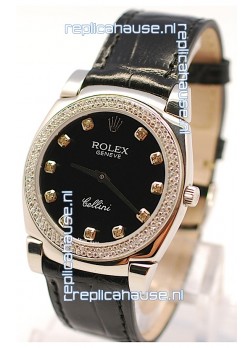 Rolex Cellini Cestello Ladies Swiss Watch in Black Face and Diamond Markers
