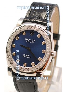 Rolex Cellini Cestello Ladies Swiss Watch in Dark Blue Face and Diamond Bezel